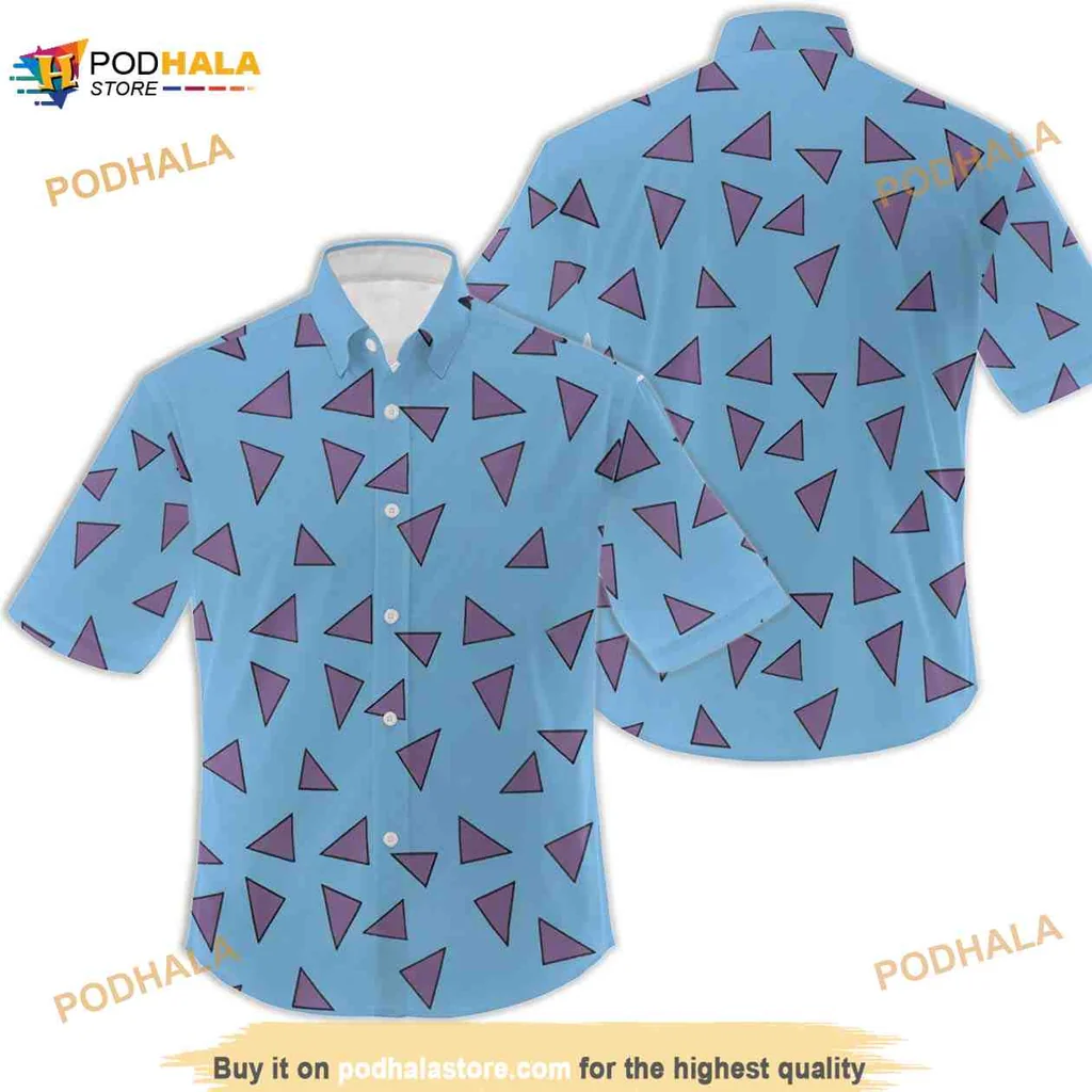 Geometric Pattern Hawaiian Shirt, Light Blue With Maroon Triangles