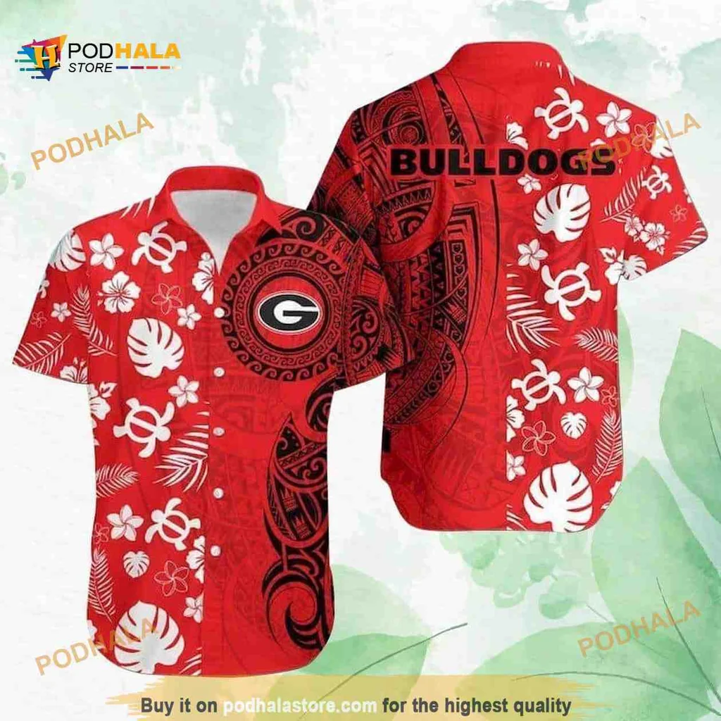 Georgia Bulldogs Aloha Shirt, Vibrant Red Floral And Tribal Pattern