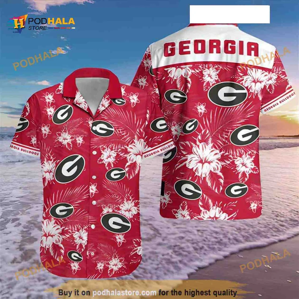Georgia Bulldogs Aloha Shirt With Tropical Hibiscus Flowers