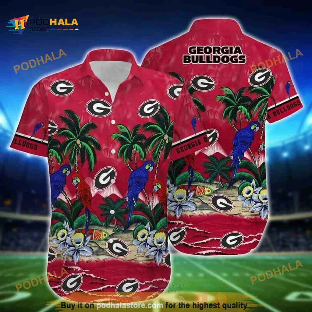 Georgia Bulldogs Hawaiian Shirt With Parrots And Tropical Design