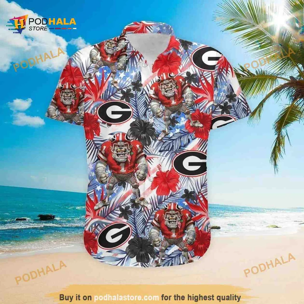 Georgia Bulldogs Tropical Aloha Shirt With Cartoon Bulldog Mascot