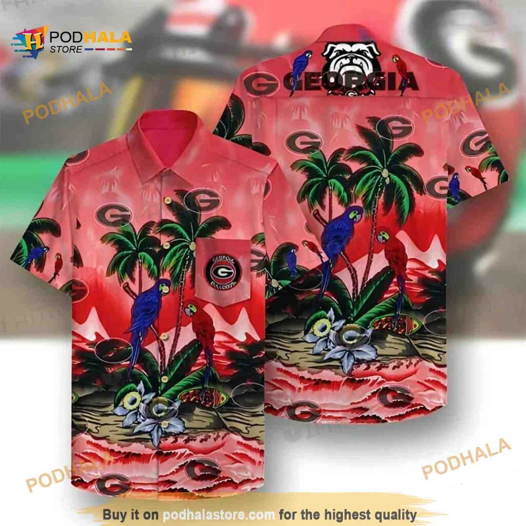 Georgia Bulldogs Tropical Hawaiian Shirt With Colorful Parrots And Palm Trees