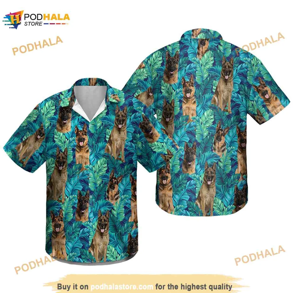 German Shepherd Dog Hawaiian Shirt With Tropical Leaves Design
