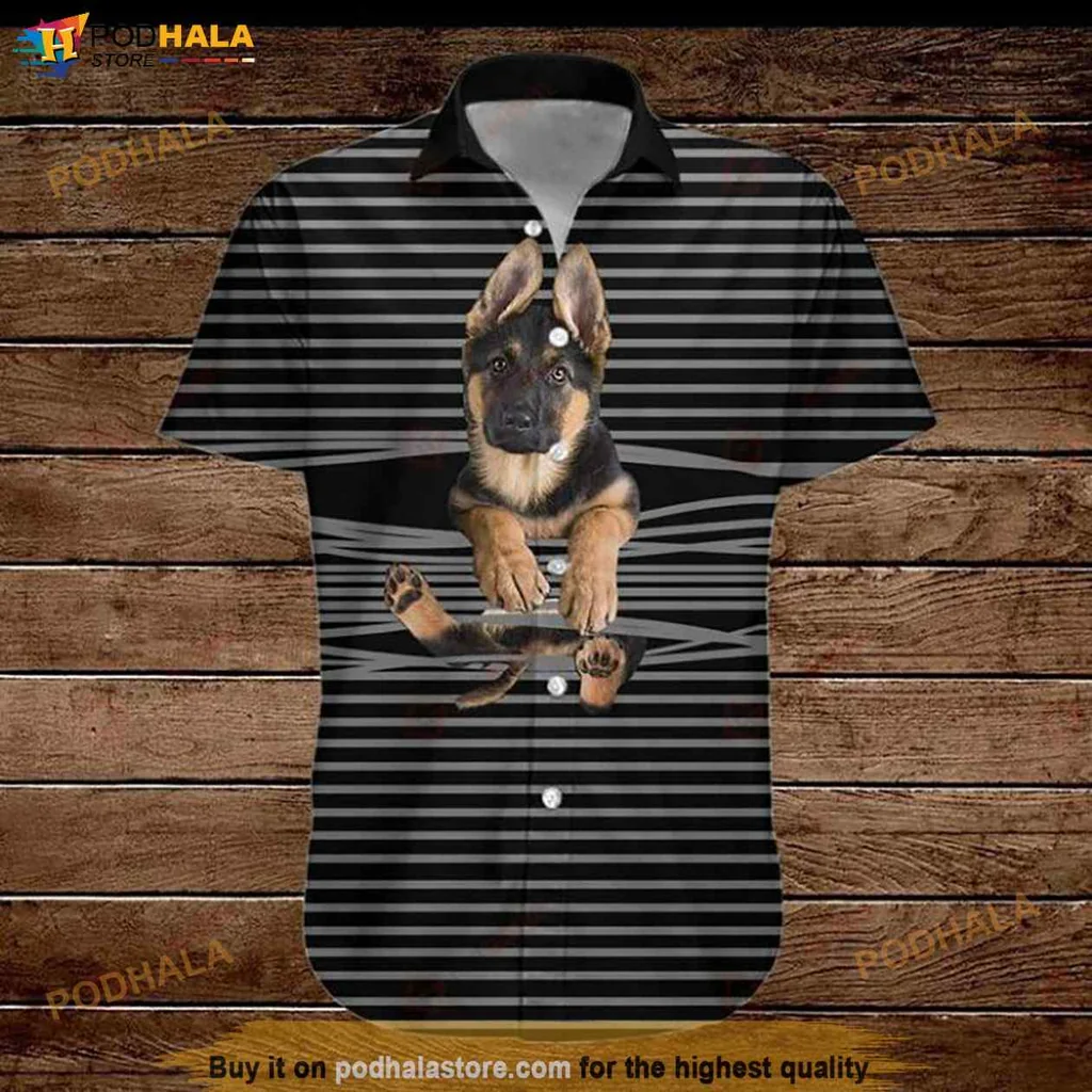 German Shepherd Funny Hawaiian Shirt, Playful Dog Design On Casual Button Up Shirt
