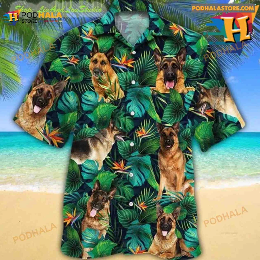 German Shepherd Hawaiian Shirt With Tropical Leaves And Floral Accents