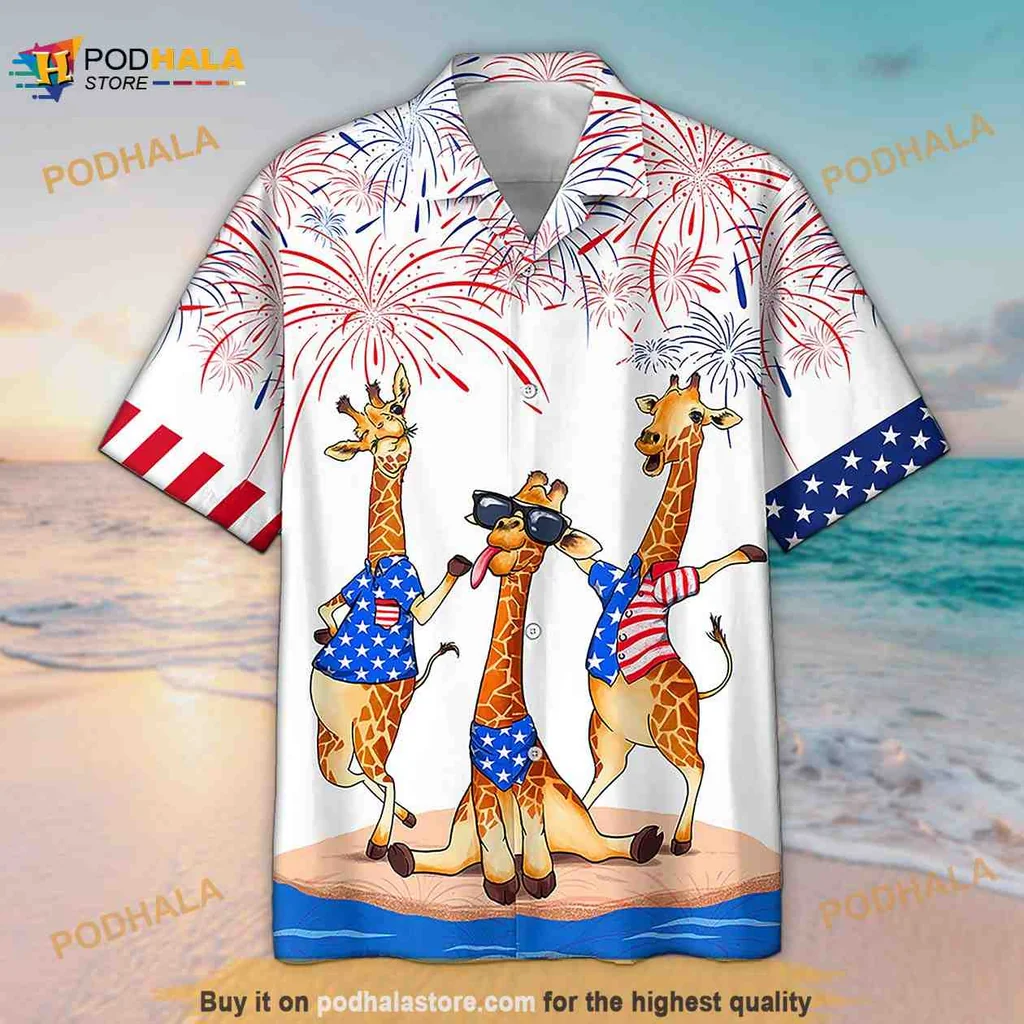 Giraffe Independence Day Hawaiian Shirt With American Flag And Fireworks
