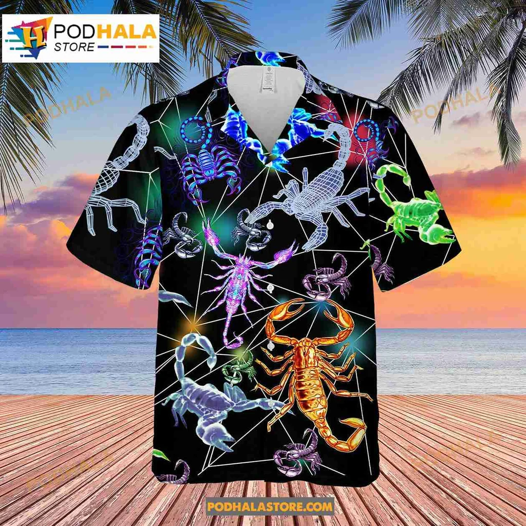 Glowing Scorpion Hawaiian Shirt With Neon Design For Summer Fun