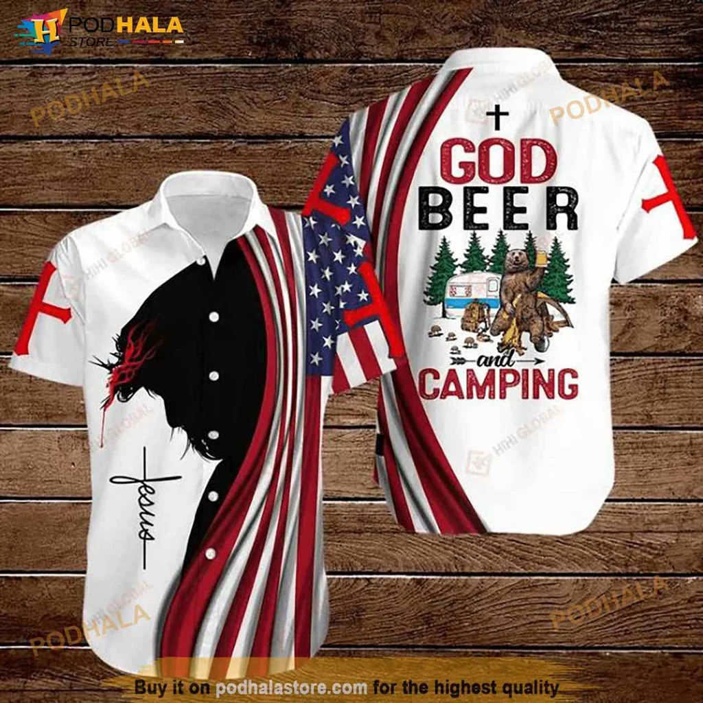 God Beer Camping Hawaiian Shirt With American Flag And Bear Design