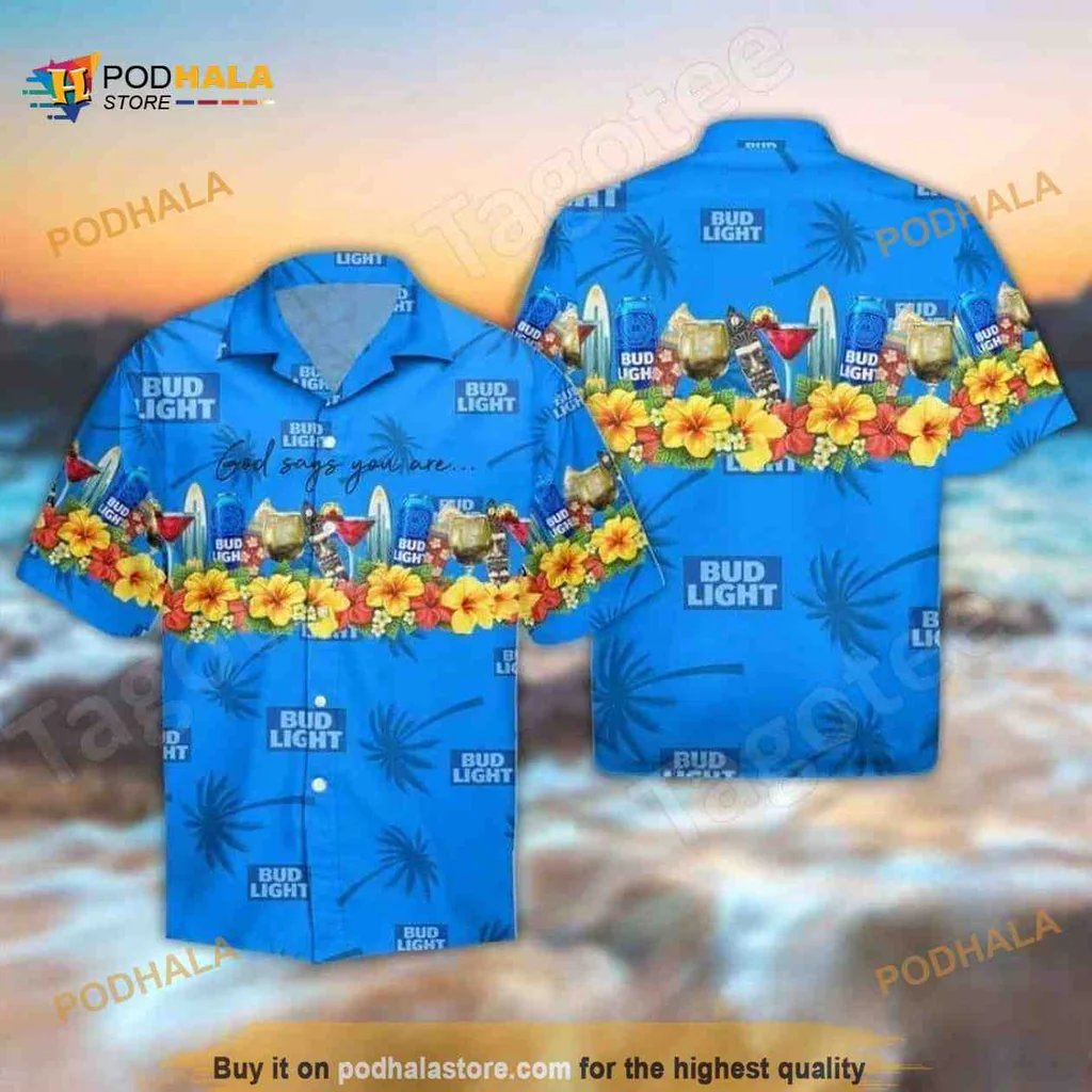 God Says You Are Hawaiian Shirt With Tropical Print And Bud Light Branding