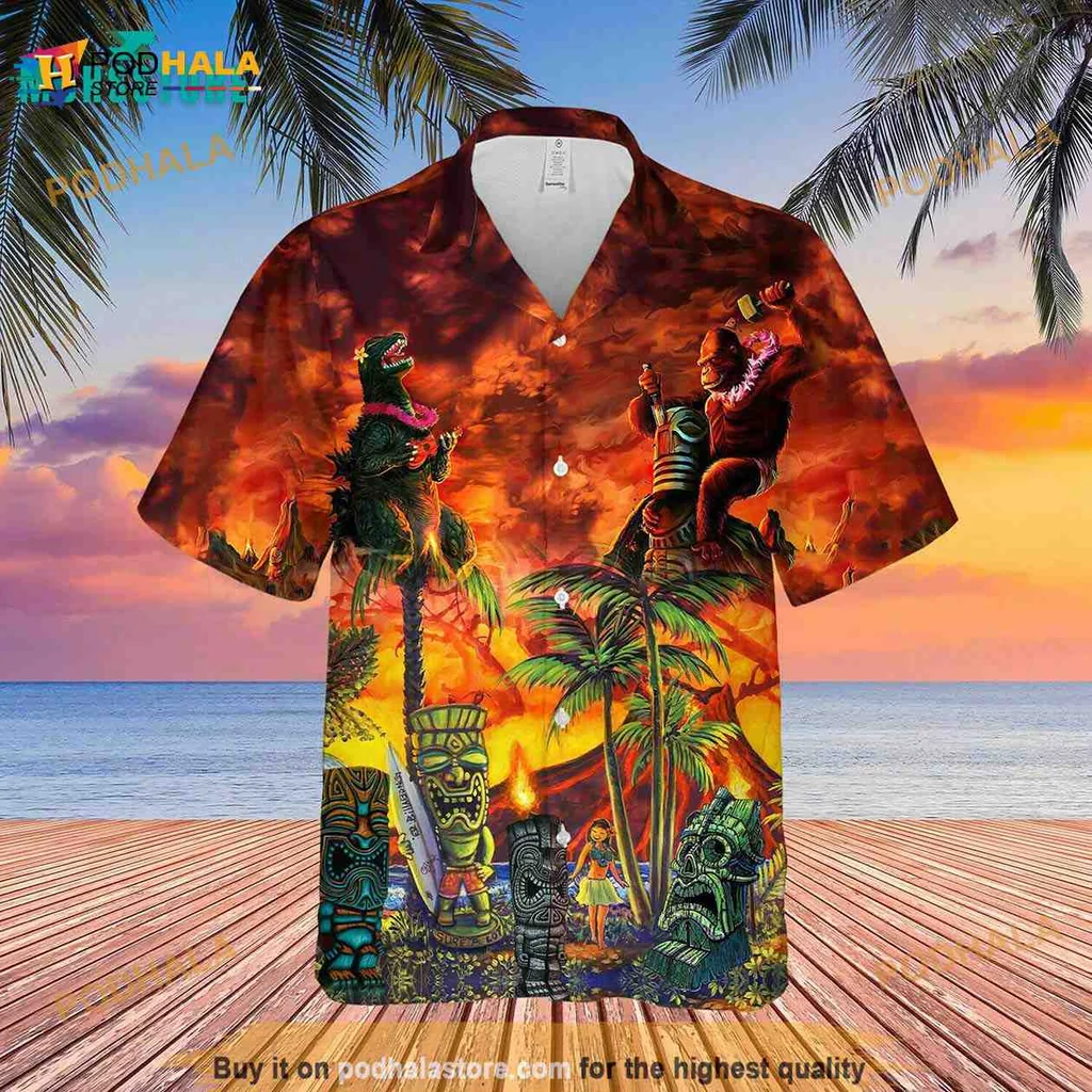 Godzilla King Kong Aloha Shirt With Tropical Sunset Design