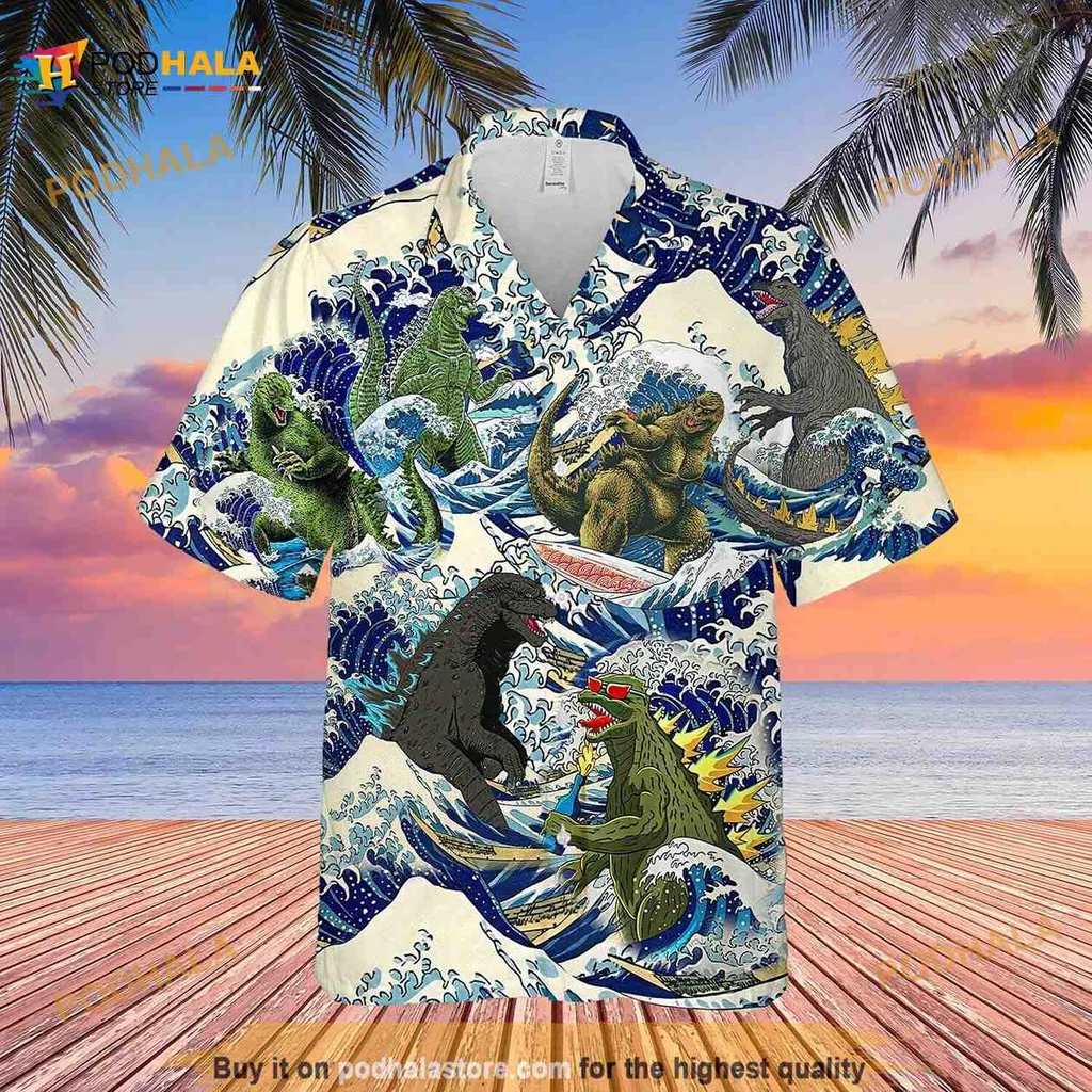 Godzilla Surfing Hawaiian Shirt With Cartoon Waves And Tropical Vibes