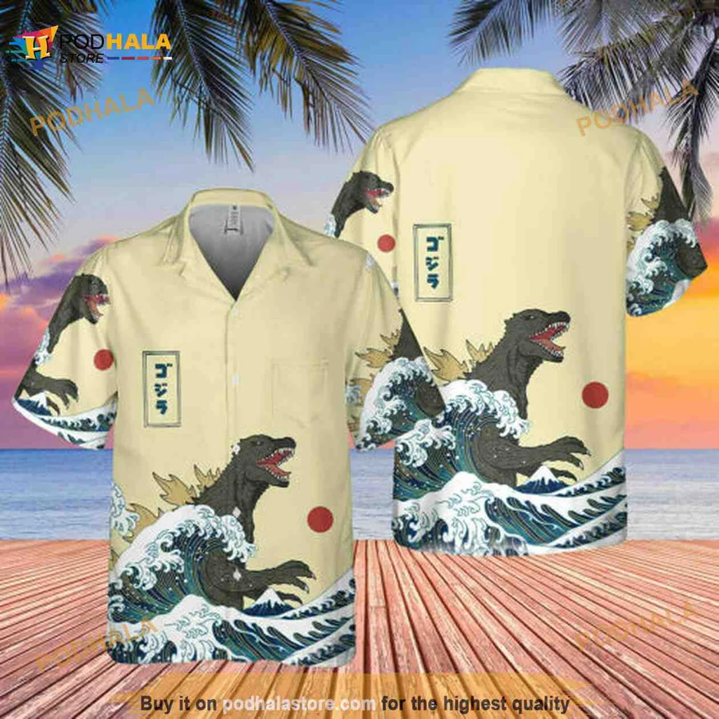 Godzilla Waves Aloha Shirt, Japanese Inspired Hawaiian Shirt For Fans