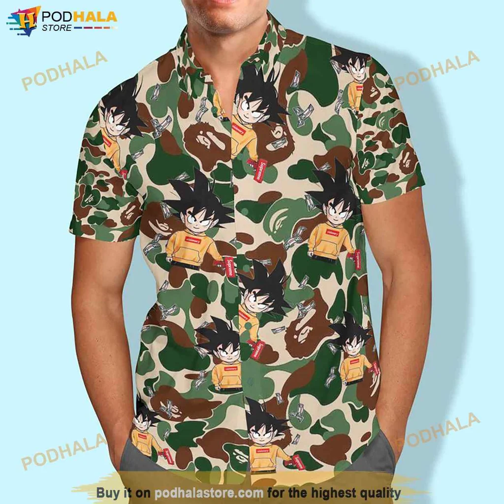 Goku Anime Hawaiian Shirt, Colorful Goku Graphic On Camouflage Background