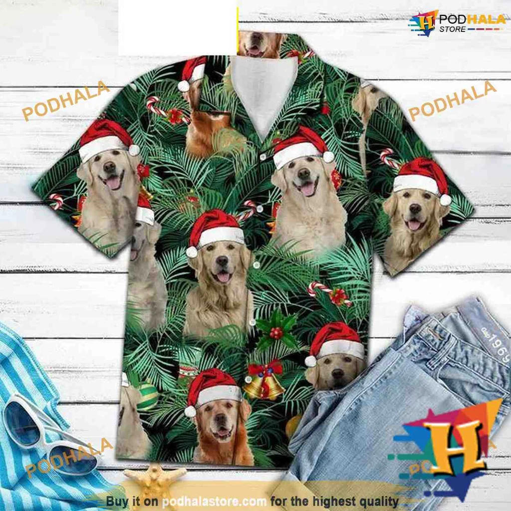 Golden Retriever Christmas Aloha Shirt With Santa Hats And Palm Leaves