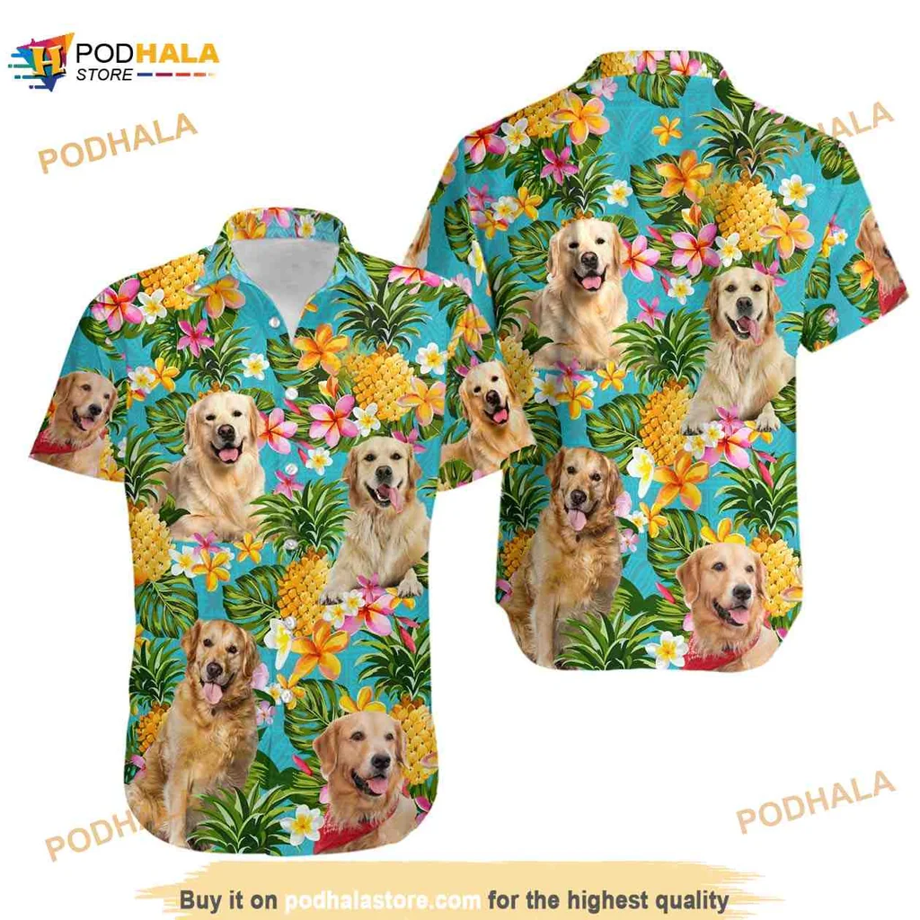 Golden Retriever Hawaiian Shirt With Tropical Flowers And Pineapples