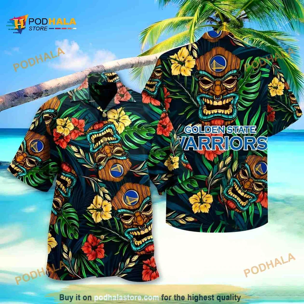 Golden State Warriors Hawaiian Shirt With Vibrant Tiki Mask Design