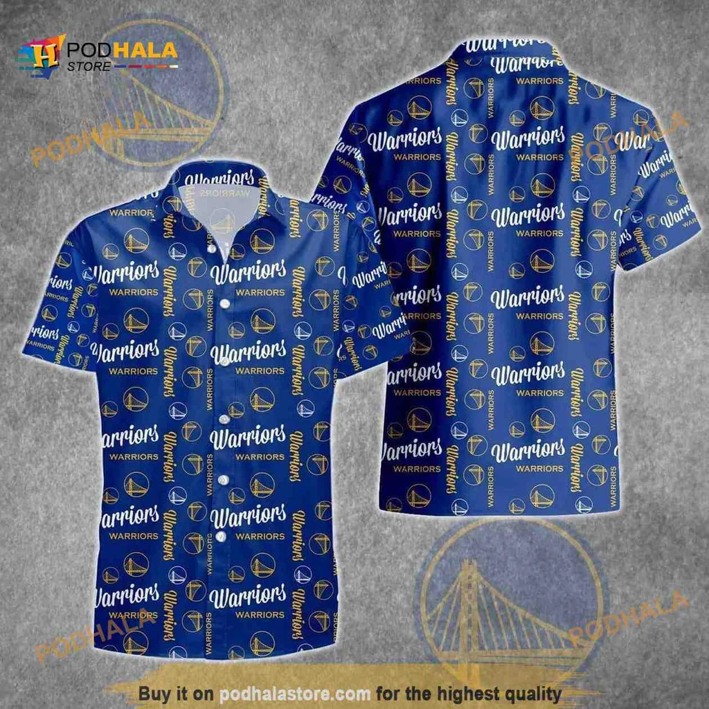 Golden State Warriors Navy Hawaiian Shirt With Basketball Graphics