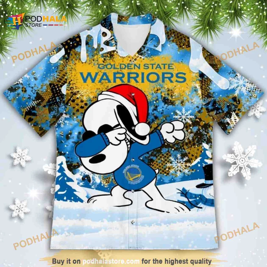 Golden State Warriors Snoopy Hawaiian Shirt Featuring Dabbing Santa Hat