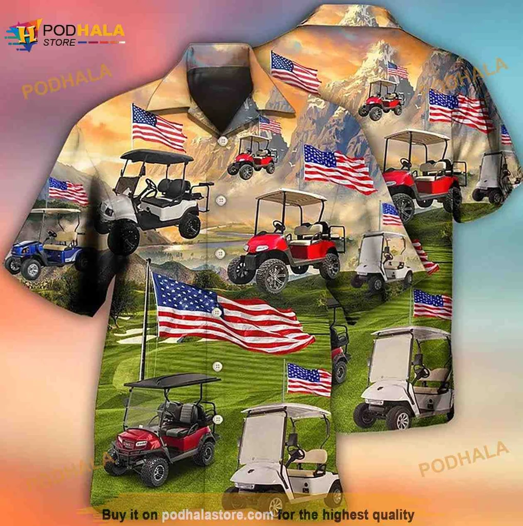 Golf Cart American Flag Hawaiian Shirt With Scenic Landscape Design