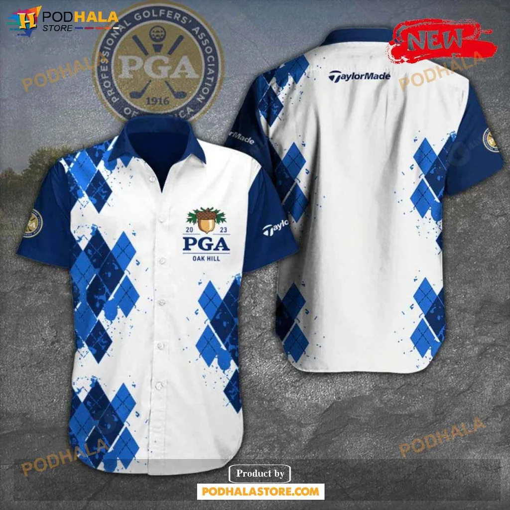 Golf Enthusiast Hawaiian Shirt, White Blue Diamond Pattern With Pga Logo And Palm Tree