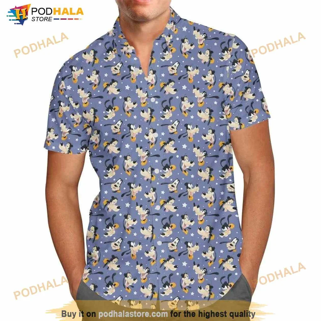 Goofy Cartoon Disney Hawaiian Shirt With Playful Characters And Light Blue Background