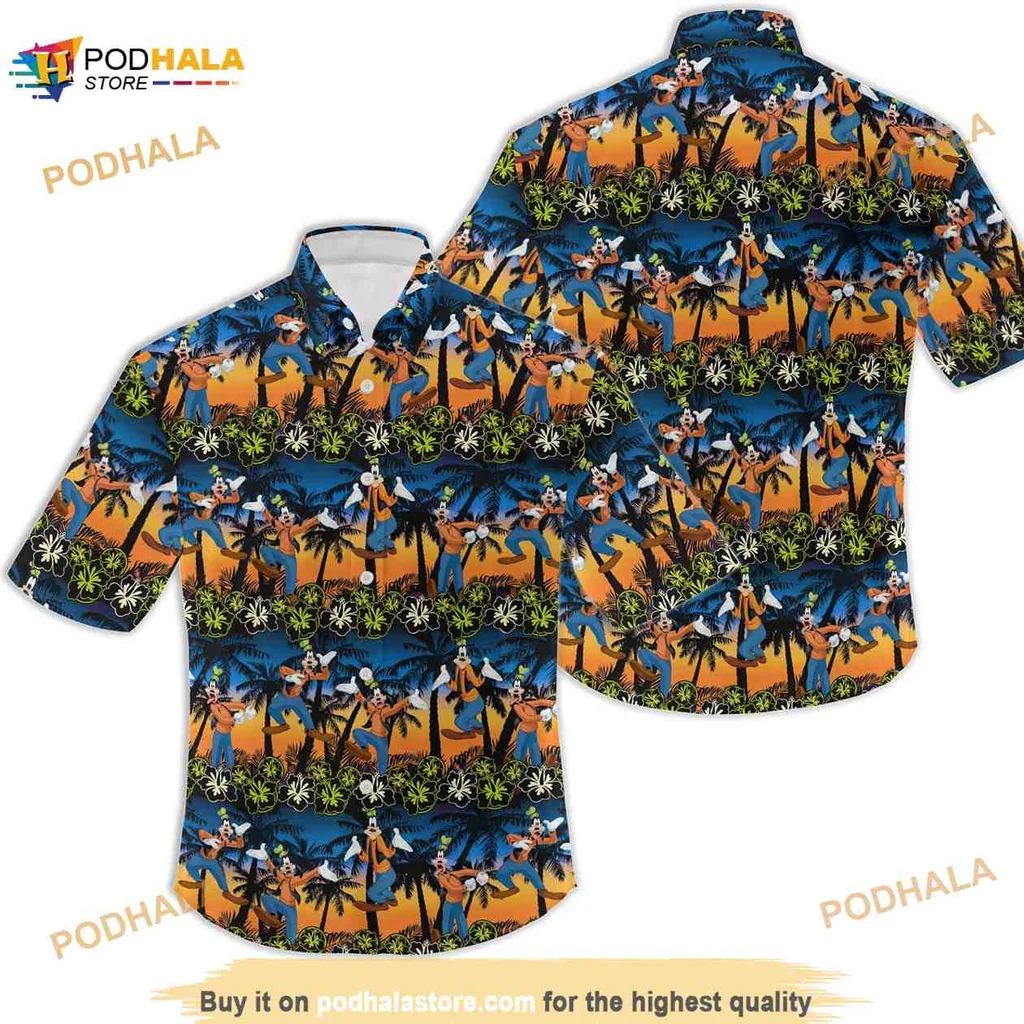 Goofy Disney Tropical Hawaiian Shirt Featuring Surfing And Beach Fun