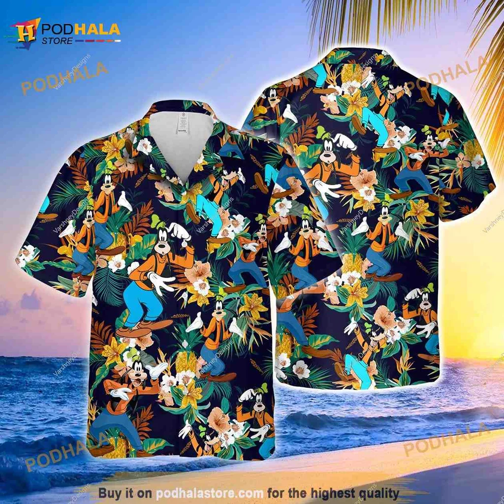 Goofy Tropical Disney Hawaiian Shirt Featuring Surfing And Relaxing Scenes