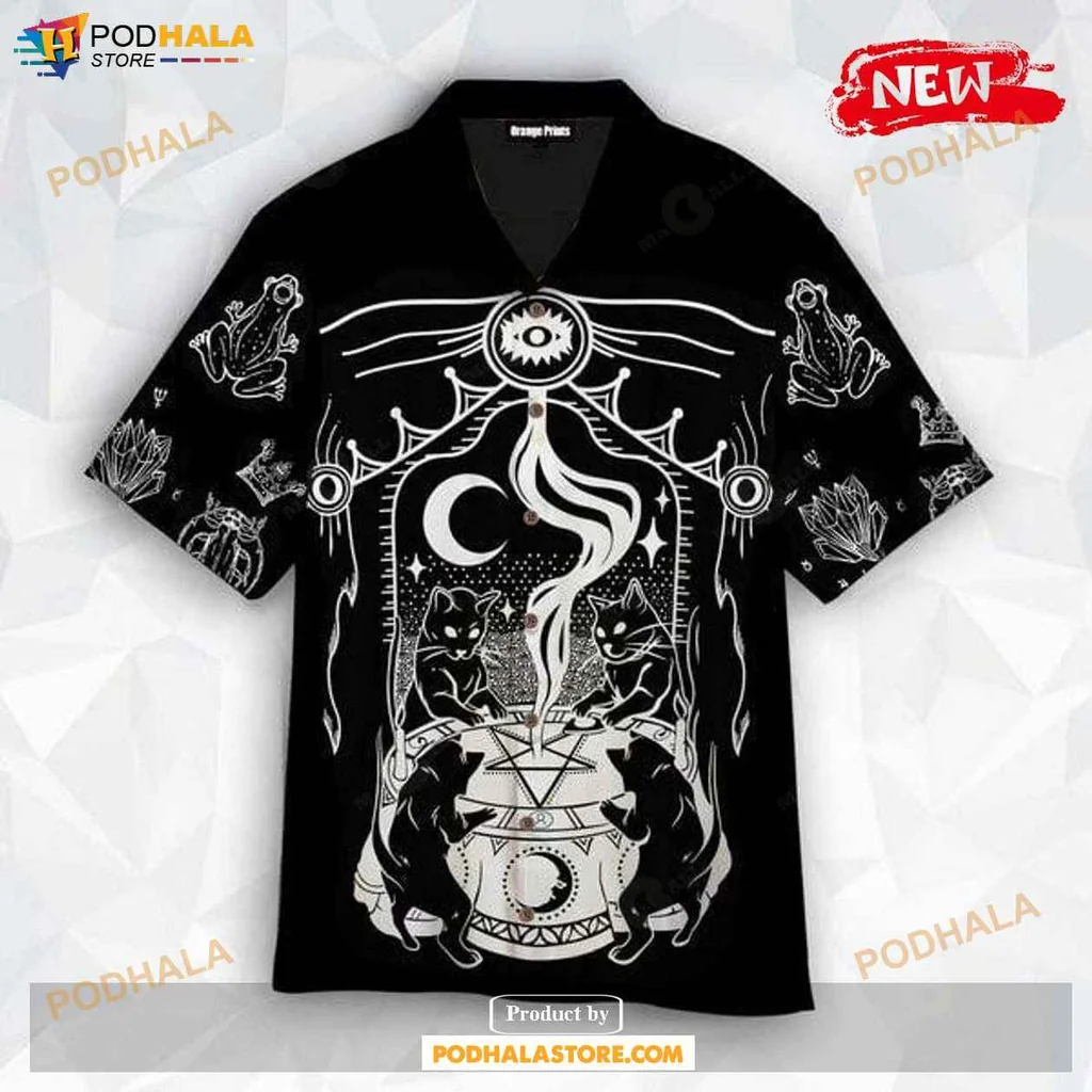 Gothic Cats Aloha Shirt, Mystical Design With Occult Elements And Artistic Flair