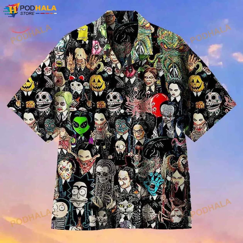 Gothic Horror Themed Hawaiian Shirt With Vampires, Skeletons, And Witches