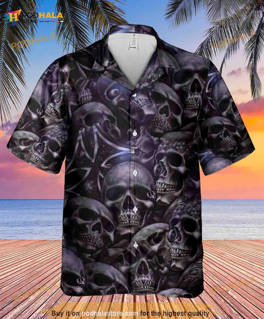 Gothic Skull Pattern Hawaiian Shirt With Intricate Gray And Black Design