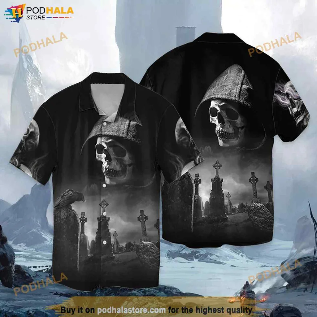Gothic Skull Tropical Hawaiian Shirt, Black Hooded Skull Design With Gravestones