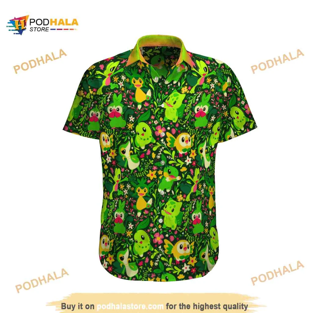 Grass Pokemon Hawaiian Shirt Featuring Bulbasaur And Chikorita