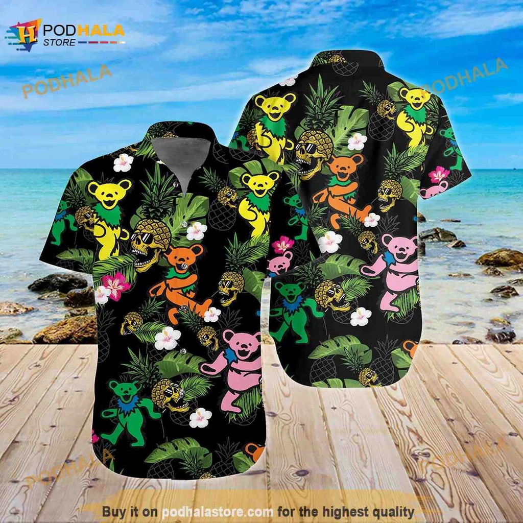 Grateful Dead Bears Tropical Hawaiian Shirt With Pineapples And Hibiscus
