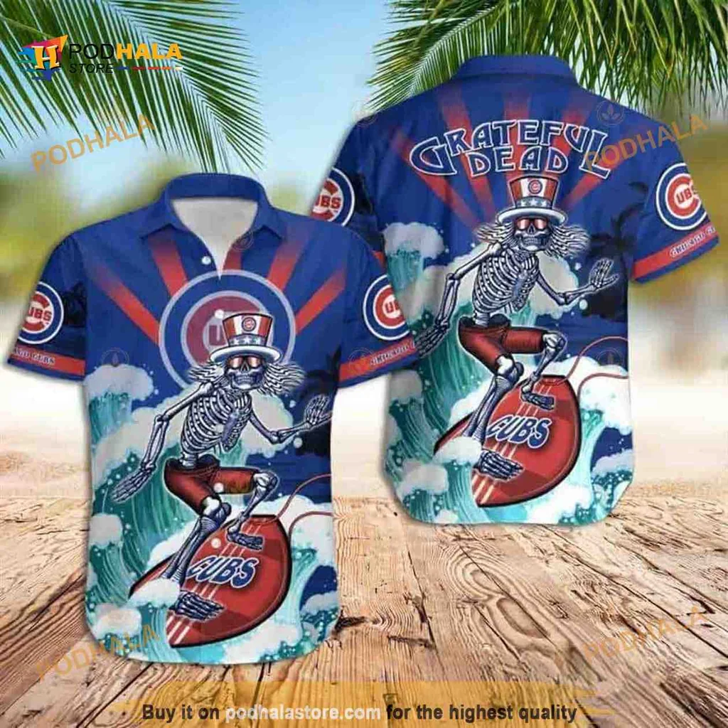 Grateful Dead Chicago Cubs Hawaiian Shirt With Surfing Skeleton Design