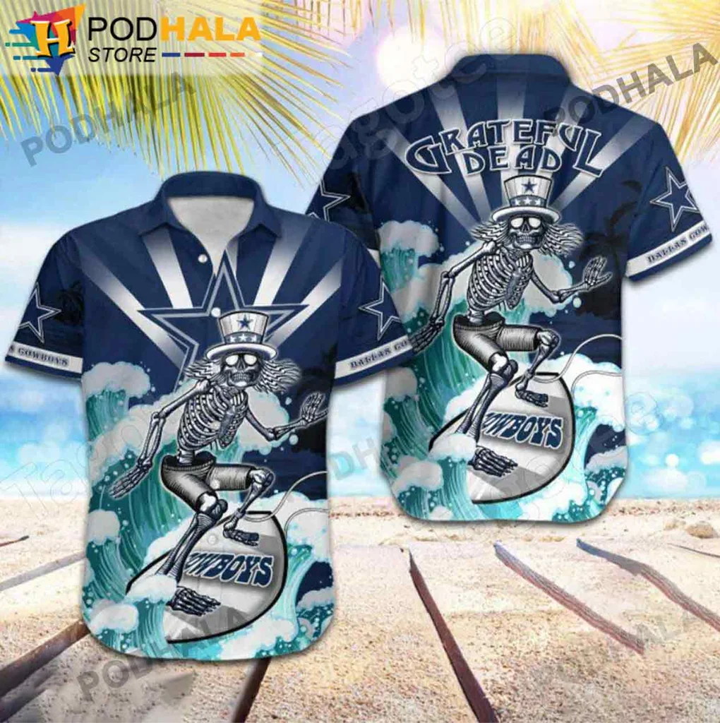 Grateful Dead Cowboys Aloha Shirt, Vibrant Surfing Skeleton Design For Fans