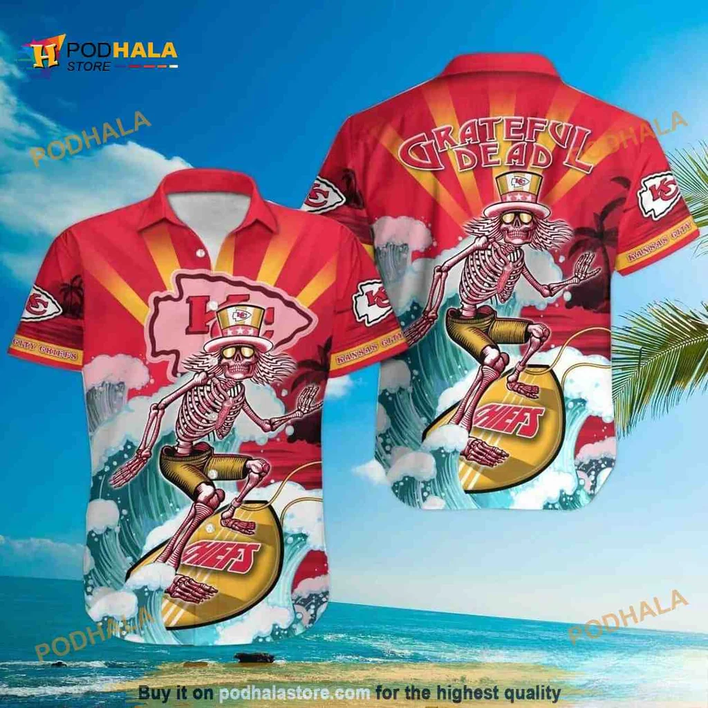 Grateful Dead Kansas City Chiefs Hawaiian Shirt With Surfing Skeleton Design