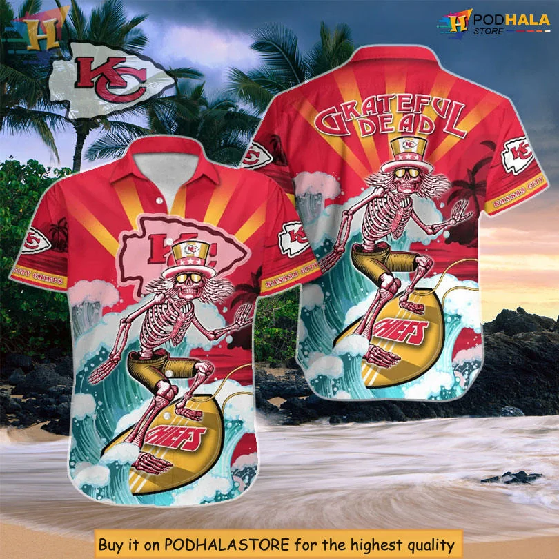 Grateful Dead Kansas City Chiefs Hawaiian Shirt With Surfing Skeleton Design