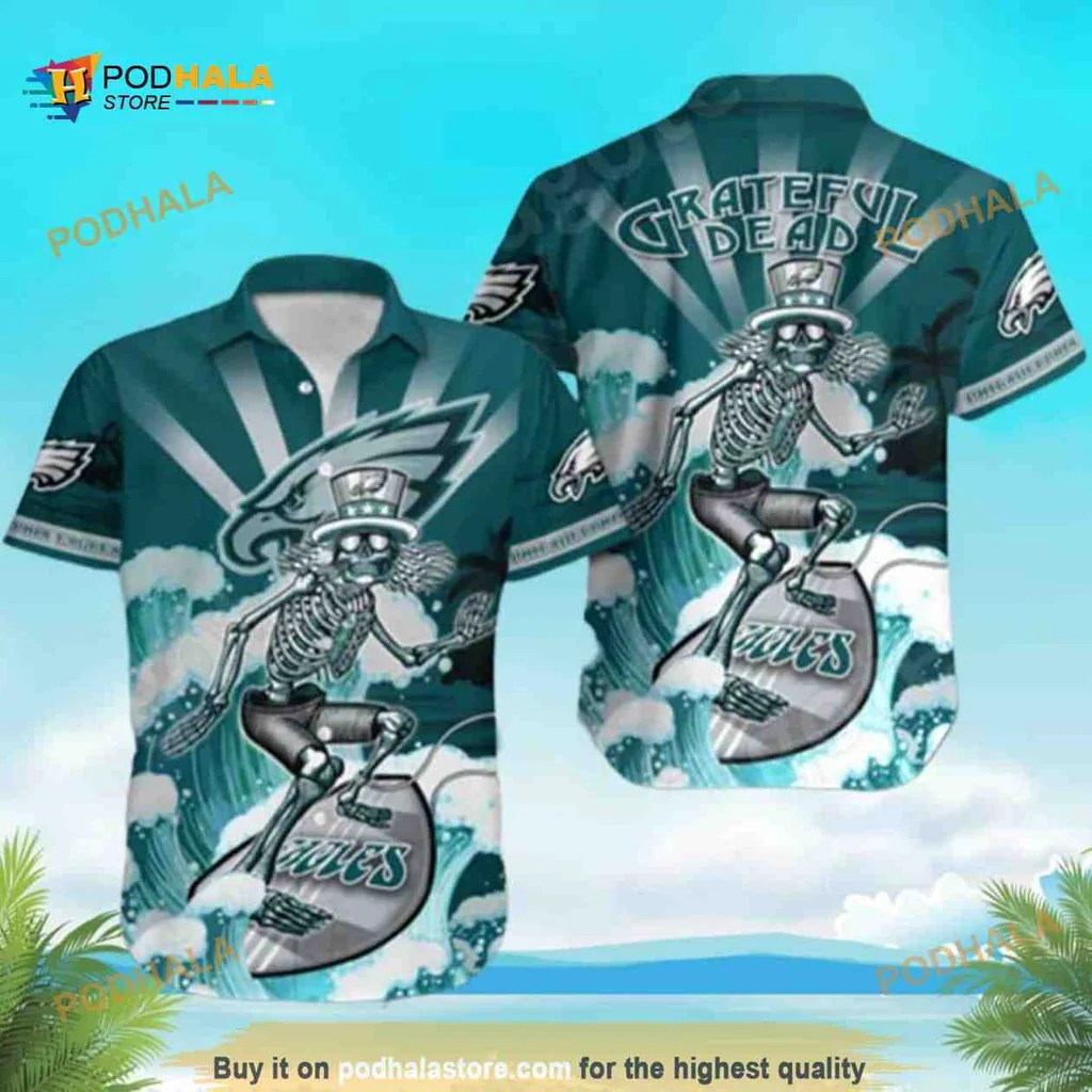 Grateful Dead Philadelphia Eagles Hawaiian Shirt With Surfing Skeleton