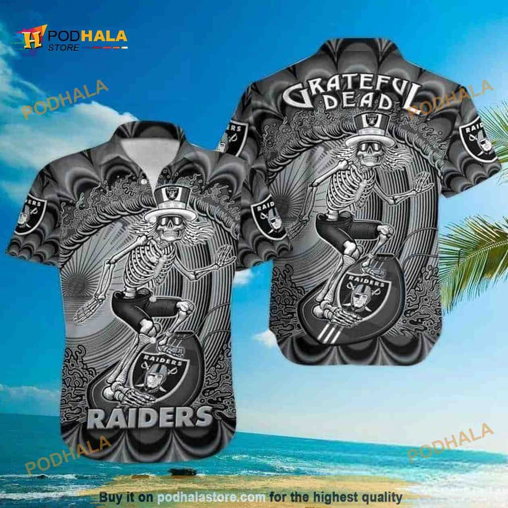 Grateful Dead Raiders Hawaiian Shirt, Skeleton Skating Aloha Design