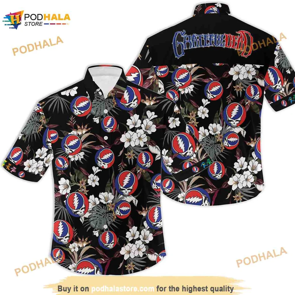 Grateful Dead Tropical Hawaiian Shirt Featuring Iconic Skull And Roses Design