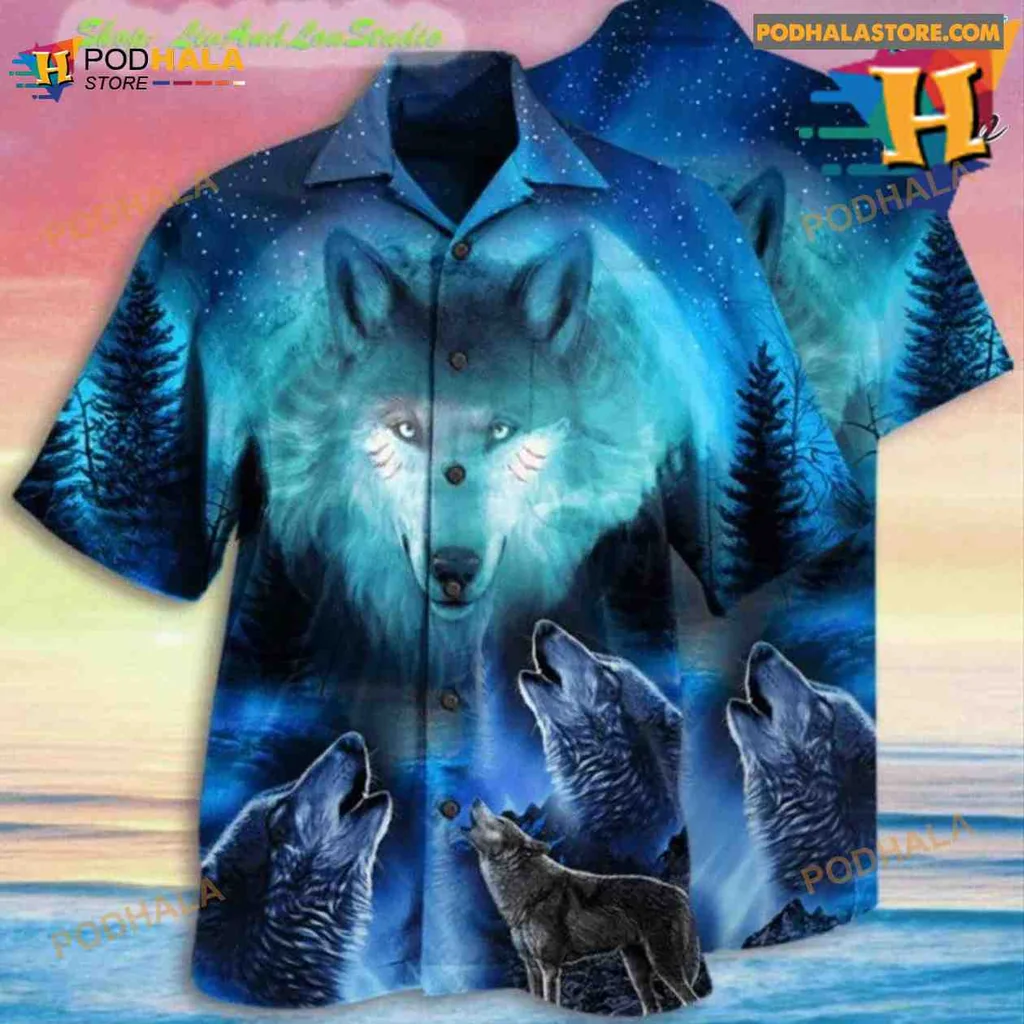 Gray Wolf Hawaiian Shirt With Mystical Night Sky Design