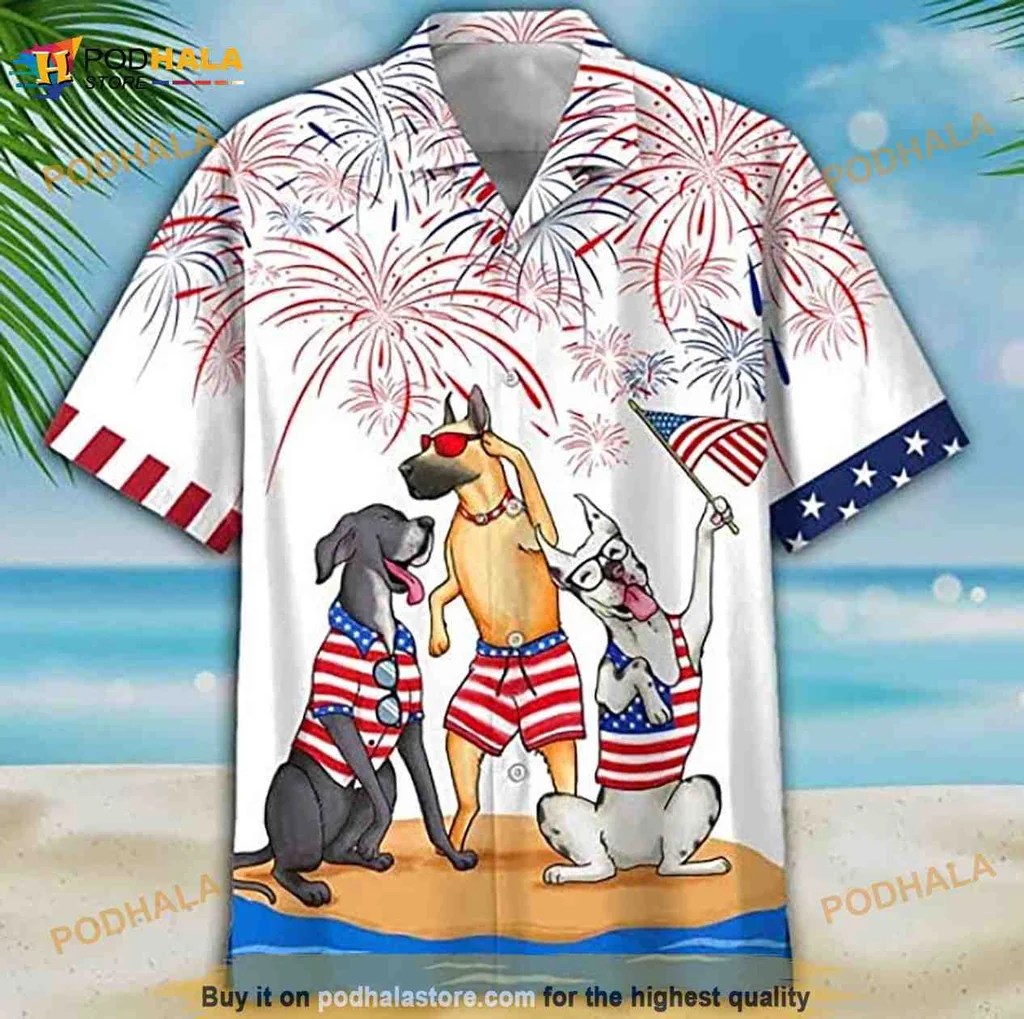 Great Dane Independence Day Hawaiian Shirt With Patriotic Dogs And Fireworks