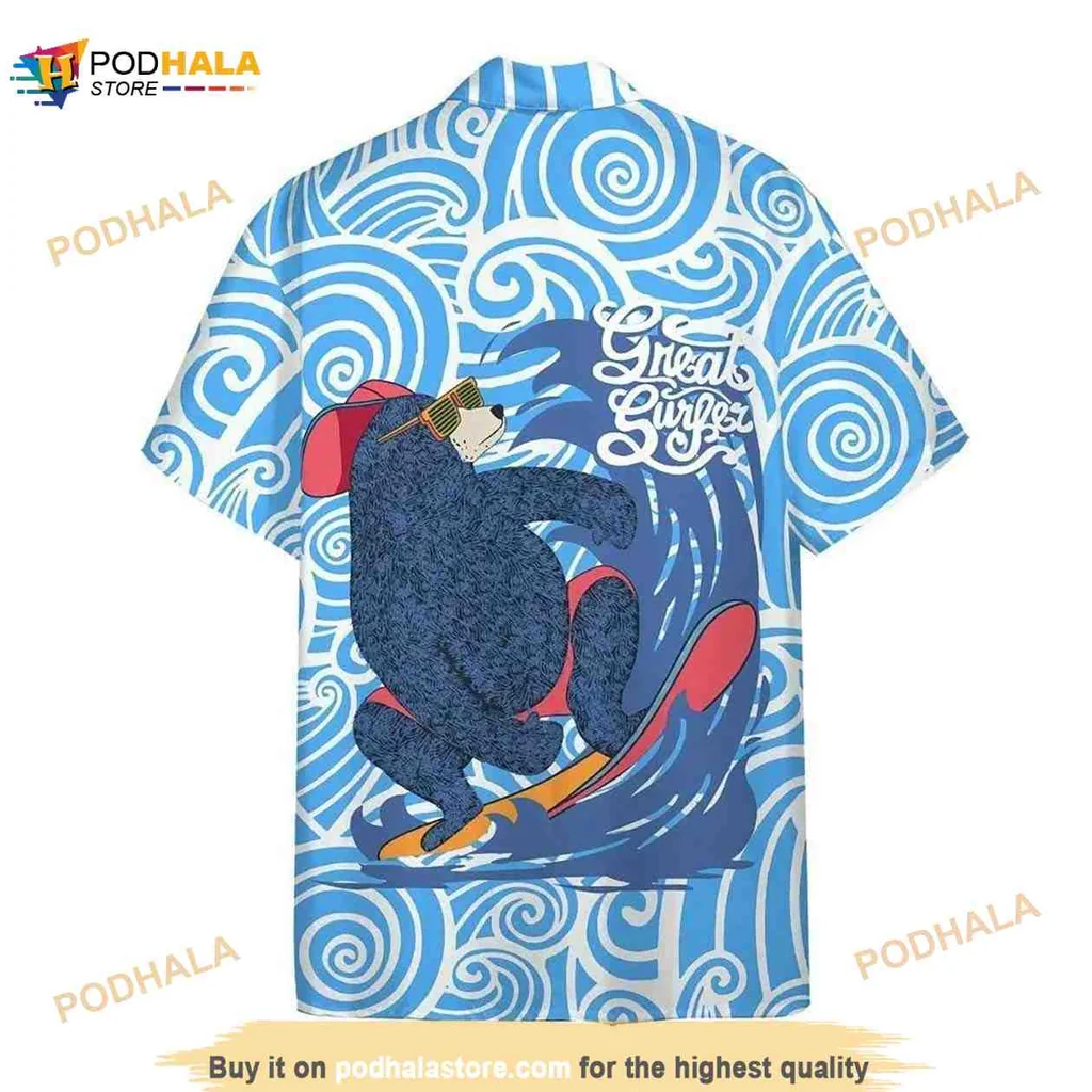 Great Surfing Bear Hawaiian Shirt With Cartoon Wave Design