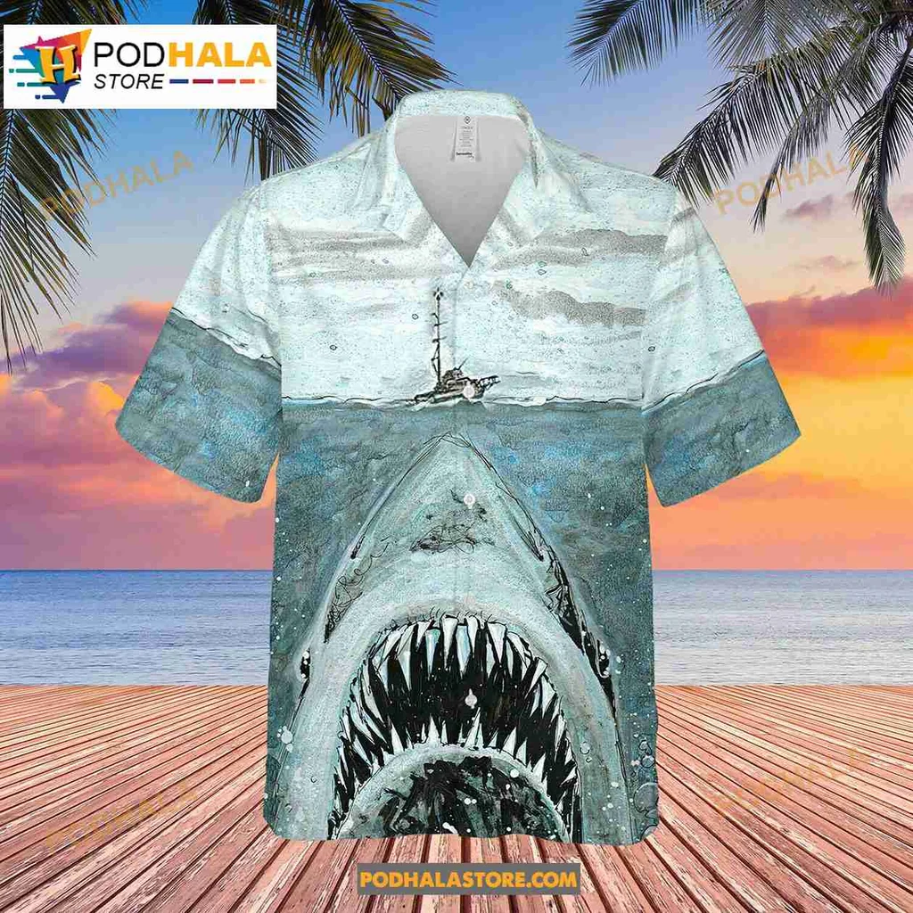 Great White Shark Hawaiian Shirt With Ocean Waves Design