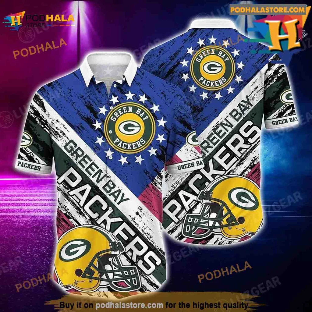 Green Bay Packers Aloha Shirt Featuring American Flag Design