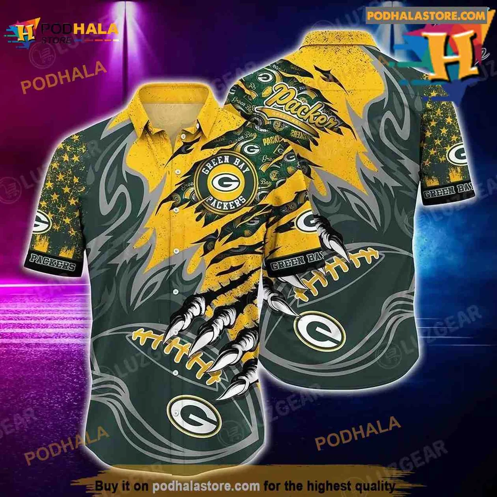 Green Bay Packers Aloha Shirt With Bold Logo And Dynamic Claw Design