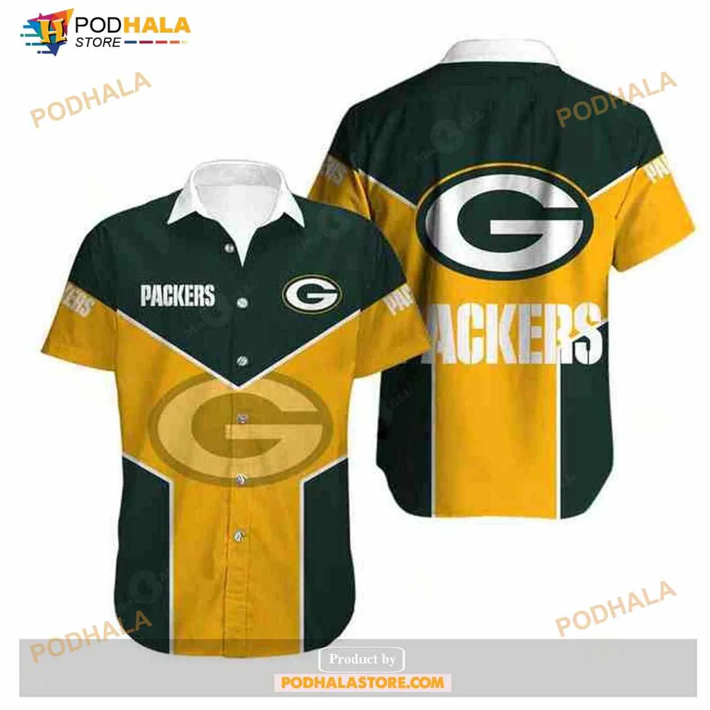 Green Bay Packers Aloha Shirt With Bold Logo And Geometric Design