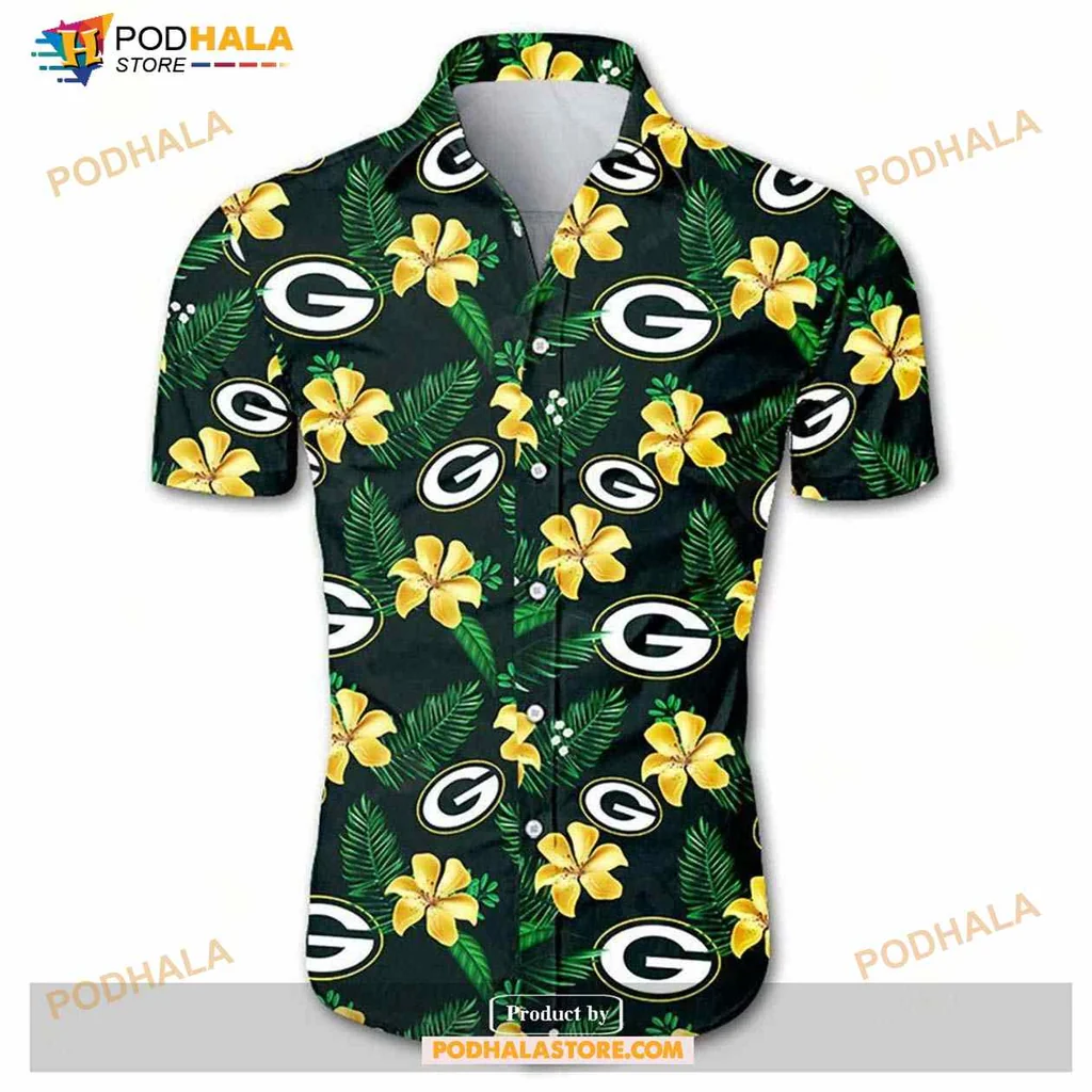 Green Bay Packers Aloha Shirt With Hibiscus Flowers And Palm Leaves