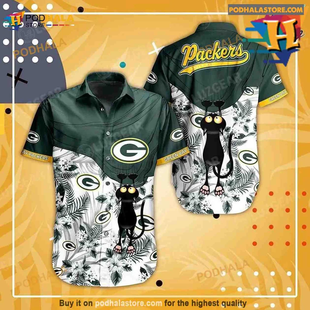 Green Bay Packers Black Cat Hawaiian Shirt With Tropical Design
