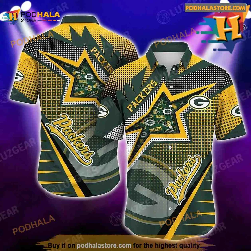Green Bay Packers Hawaiian Shirt Featuring Star Motif And Team Logo